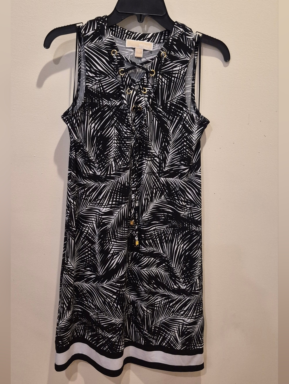 Michael Kors Black and White Palm-Print Midi Dress